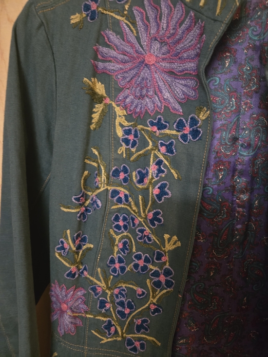 Tracy Reese Jackets & Blazers - Tracy Reese Teal Trench Coat with Purple Floral Embroidery
